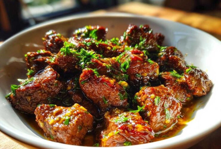 Close-up of tender, saucy crockpot steak bites garnished with fresh chopped parsley in a white bowl.