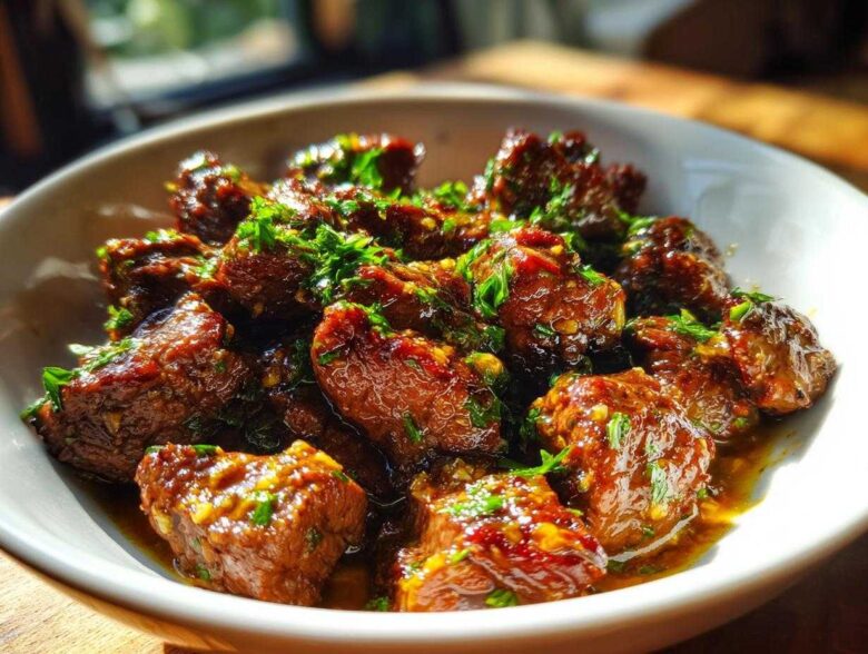 Close-up of tender, saucy crockpot steak bites garnished with fresh chopped parsley in a white bowl.