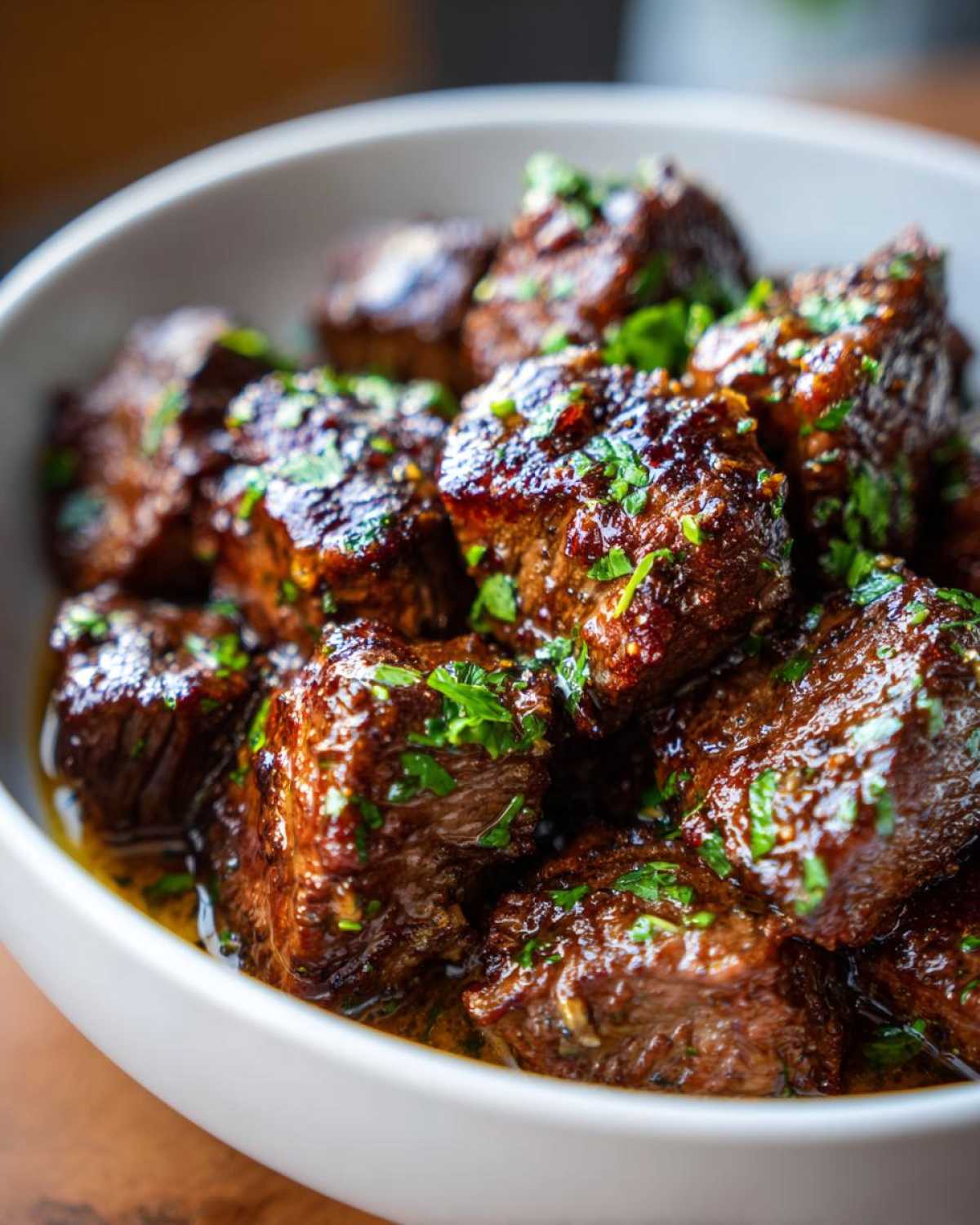 Close-up of tender, saucy crockpot steak pieces topped with fresh chopped parsley in a white bowl.