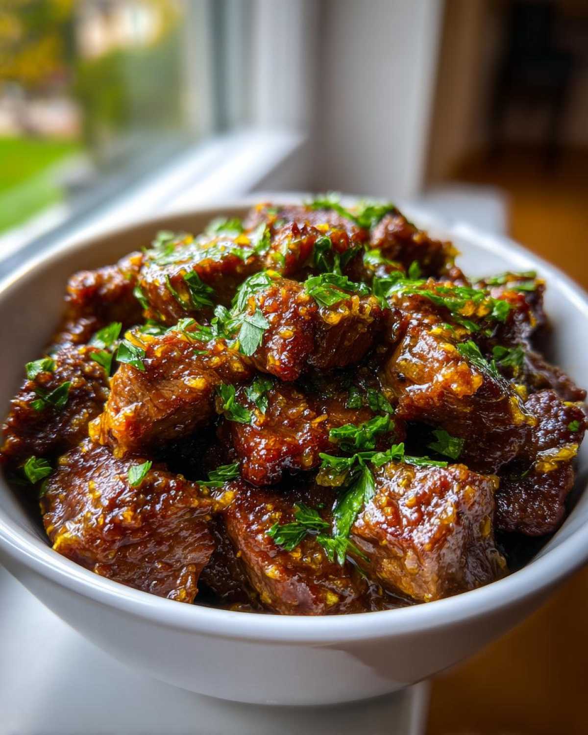 Close-up of tender crockpot steak bites coated in a savory, glossy sauce and garnished with fresh parsley.
