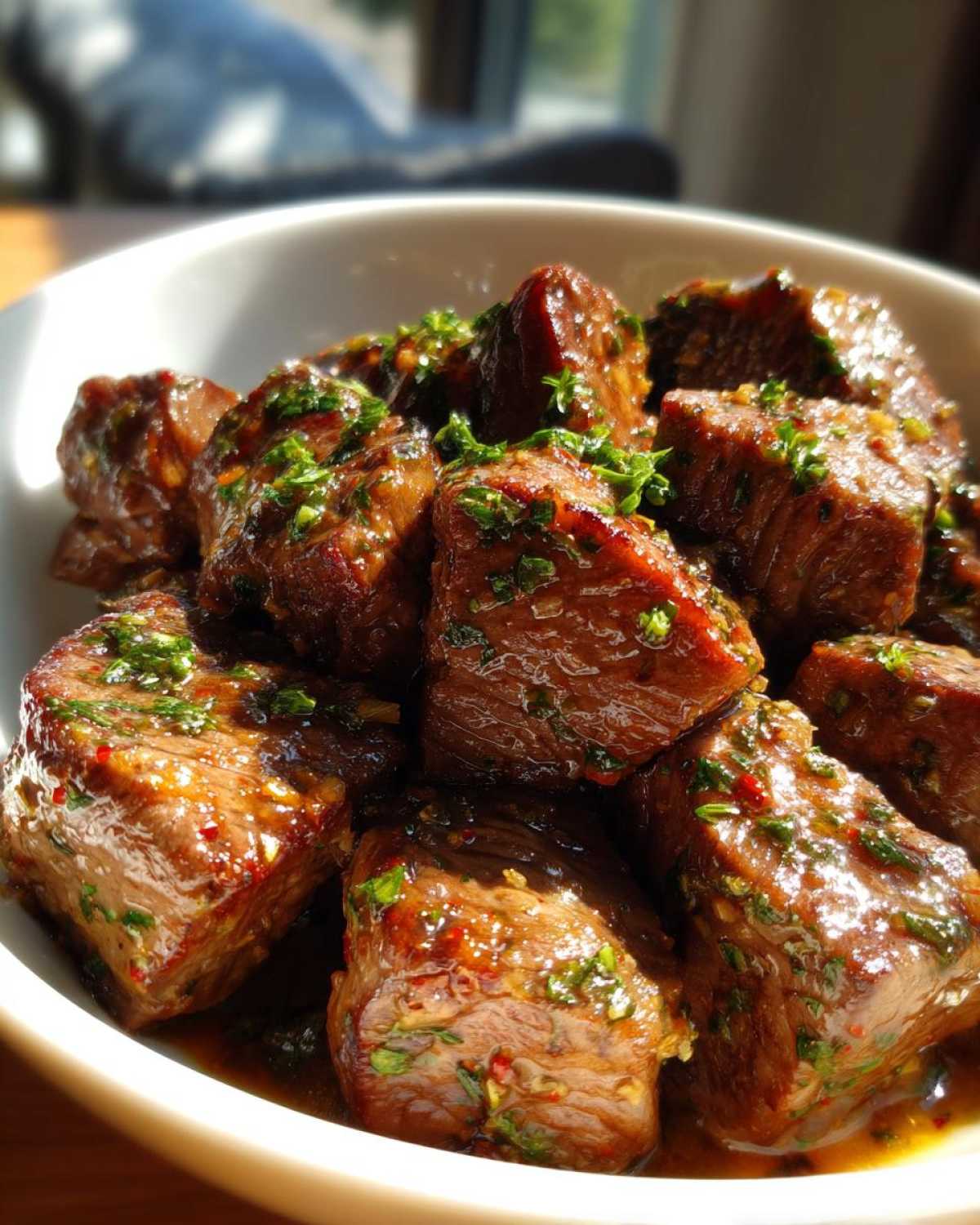 Close-up of tender crockpot steak cubes coated in a savory, glossy sauce and topped with fresh green herbs.