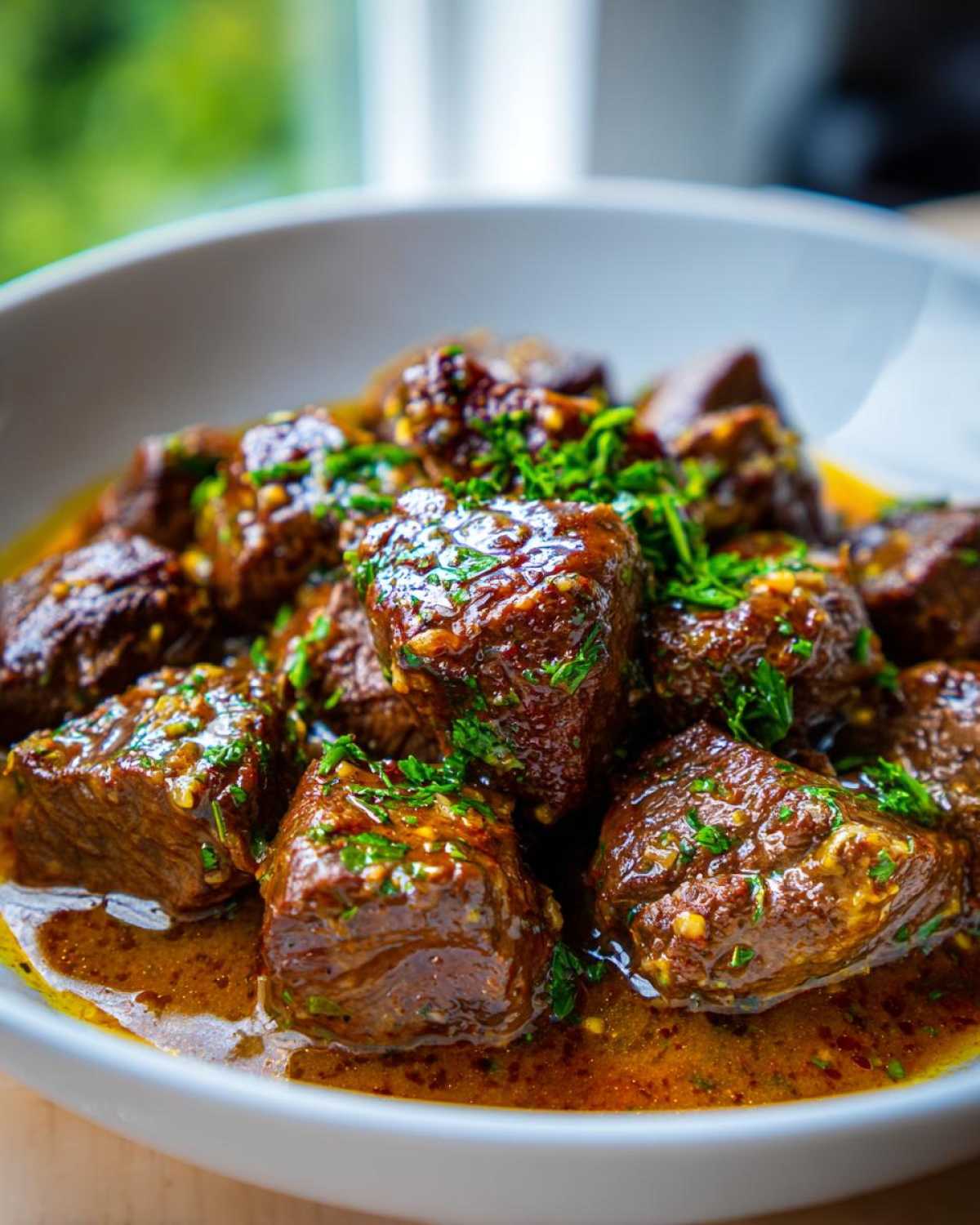Close-up of tender crockpot steak cubes coated in a savory, glossy sauce and topped with fresh parsley.