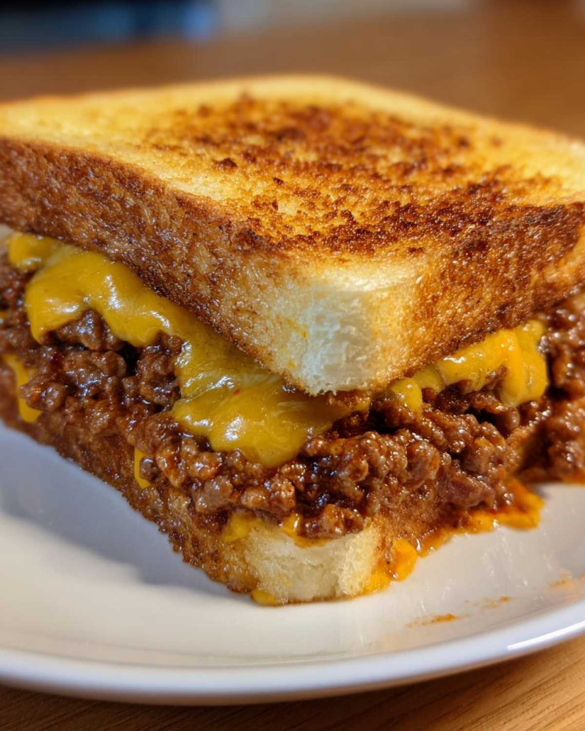 A close-up of delicious texas toast sloppy joes featuring a thick layer of meaty filling and melted cheddar cheese between two slices of toasted bread.