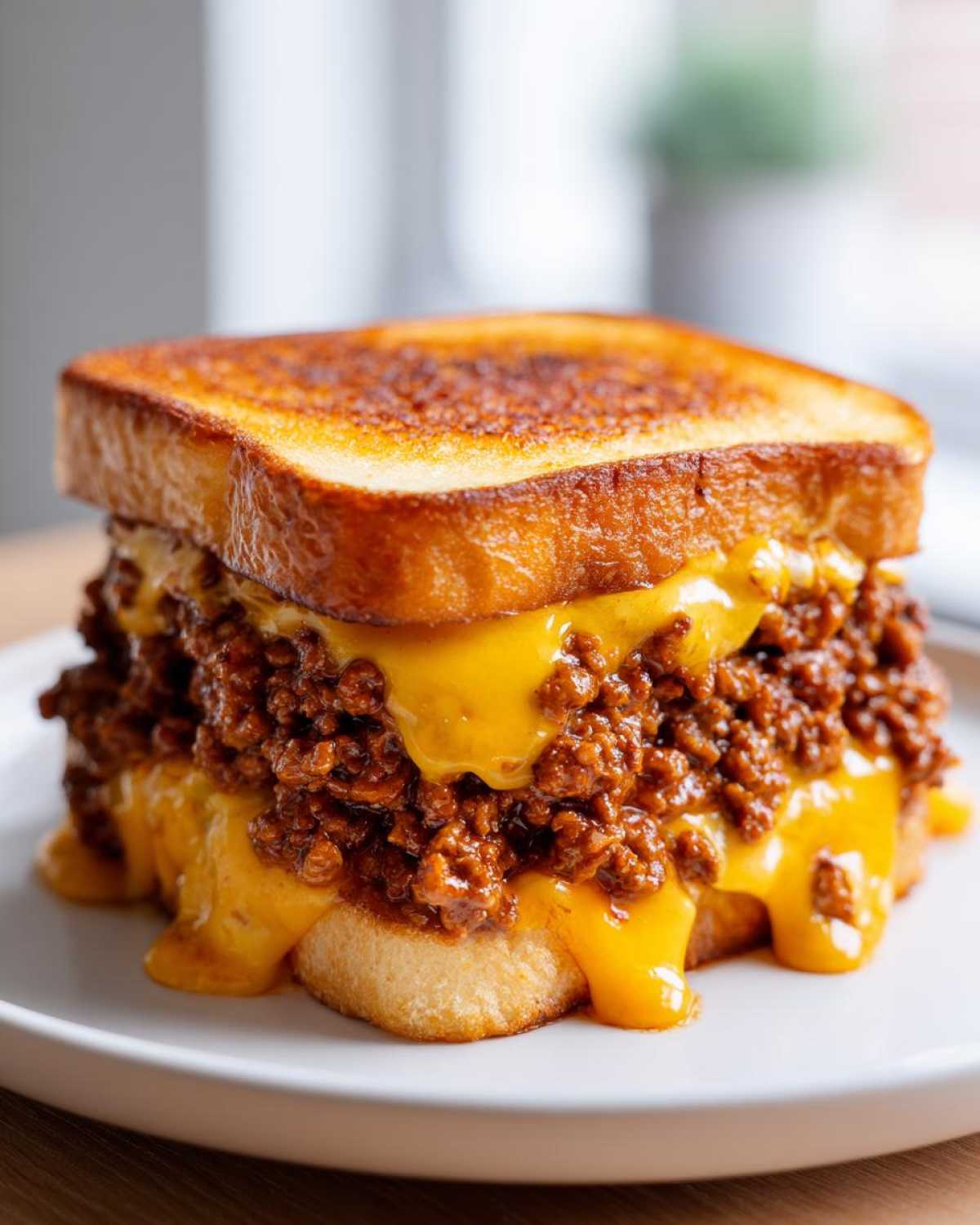 A close-up of a hearty texas toast sloppy joes sandwich overflowing with meat sauce and melted cheddar cheese.