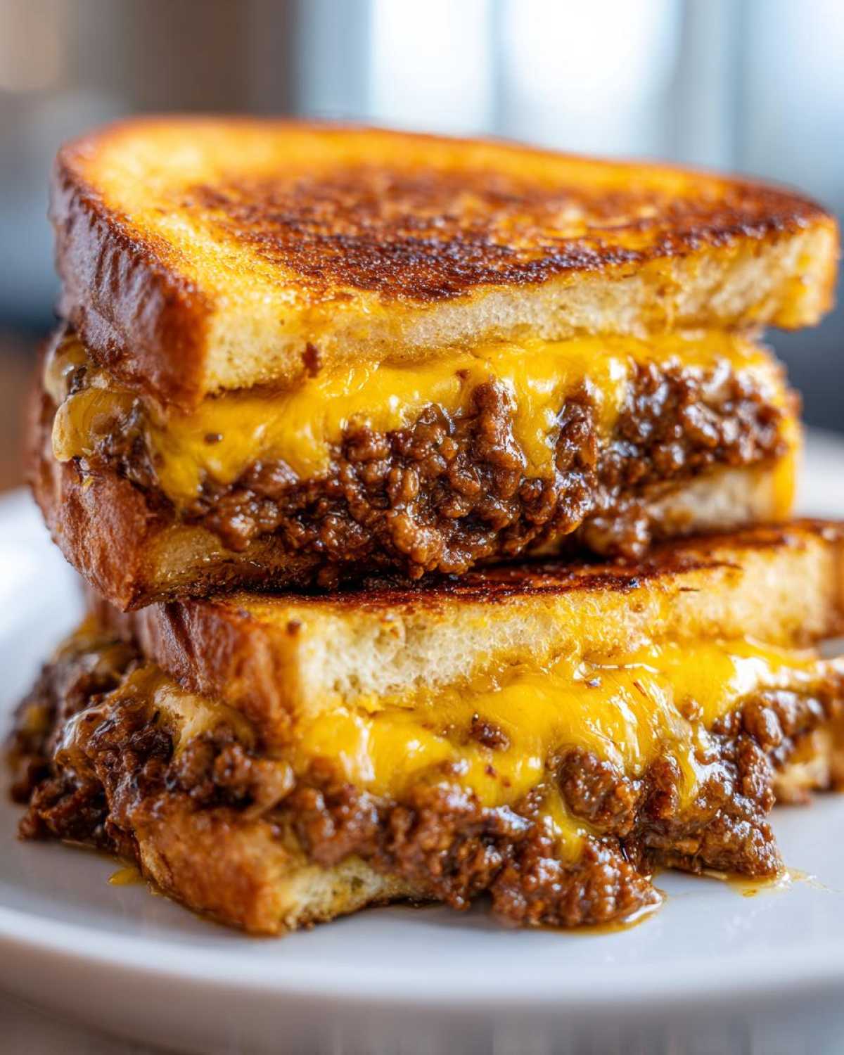 Close-up of two halves of a Texas Toast Sloppy Joes sandwich stacked, showing melted cheddar cheese and meaty filling.