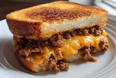 A close-up of a delicious texas toast sloppy joes sandwich filled with savory meat and melted cheddar cheese.