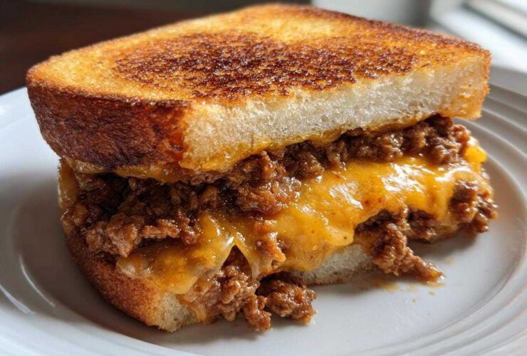A close-up of a delicious texas toast sloppy joes sandwich filled with savory meat and melted cheddar cheese.