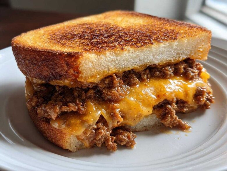 A close-up of a delicious texas toast sloppy joes sandwich filled with savory meat and melted cheddar cheese.