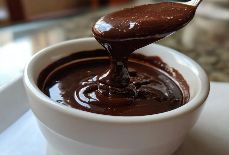 A spoonful of thick, glossy chocolate sauce recipe is being lifted from a white bowl, showing its rich texture.