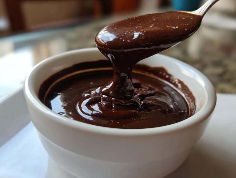 A spoonful of thick, glossy chocolate sauce recipe is being lifted from a white bowl, showing its rich texture.