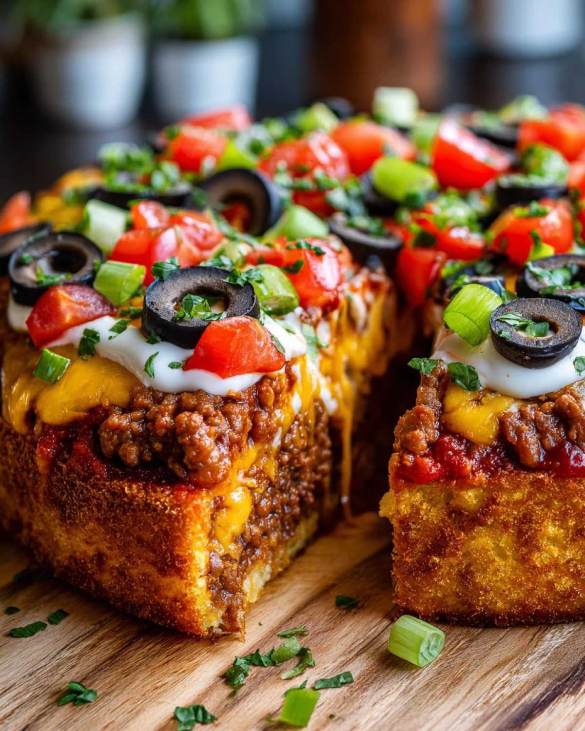 A thick, layered slice of homemade mexican pizza featuring a golden crust, seasoned beef, cheese, sour cream, tomatoes, and black olives.