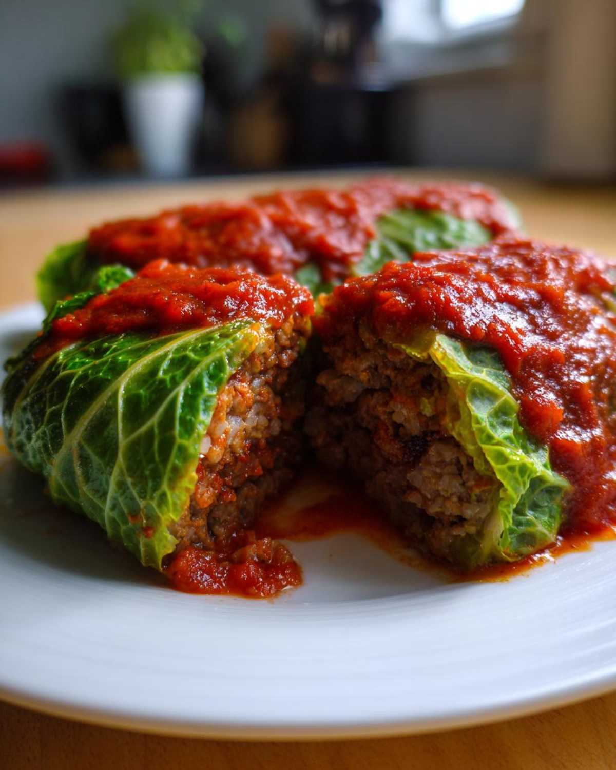 Close-up of two cabbage rolls, one cut open to show the meat and rice filling, topped with rich tomato sauce.