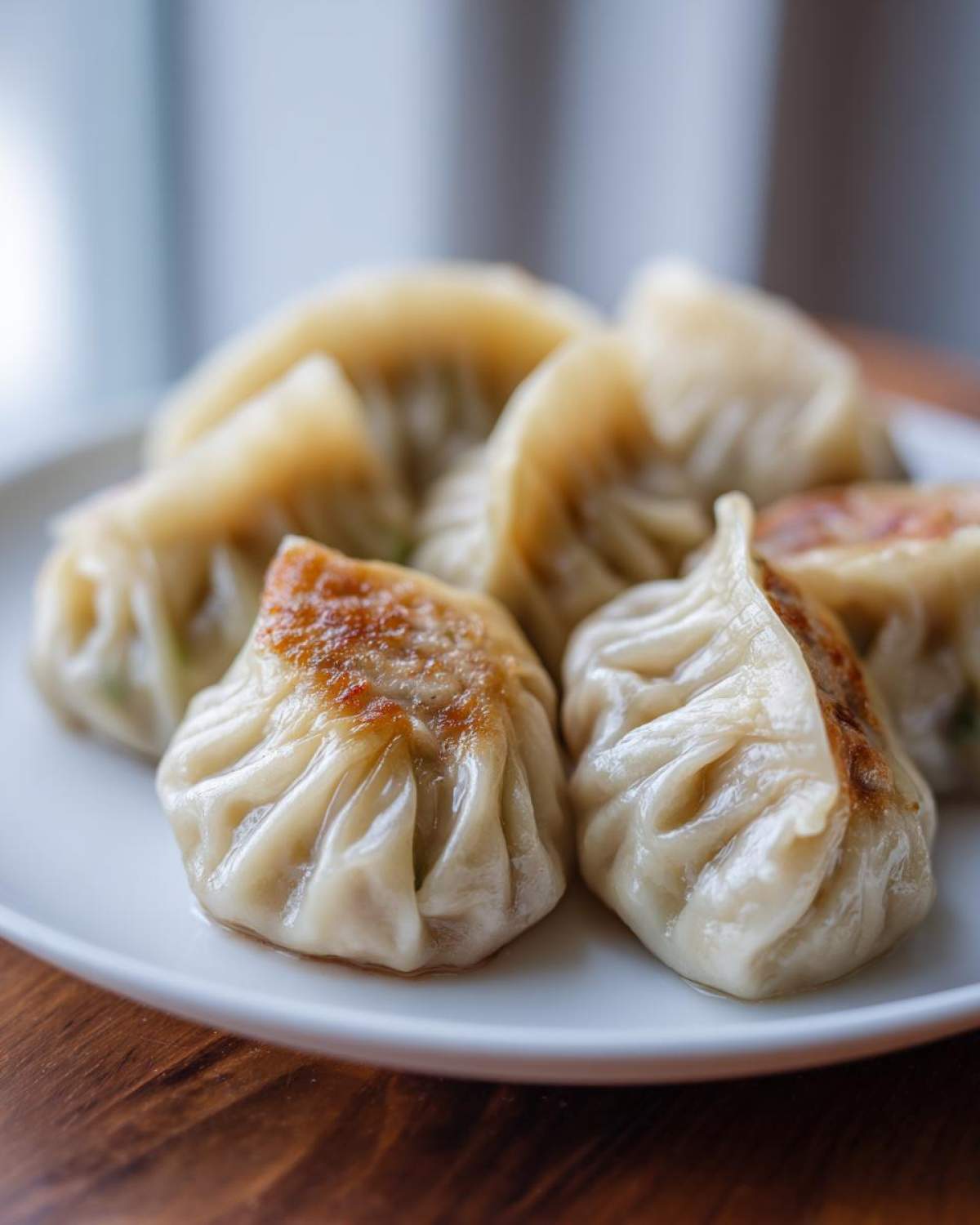 A plate of freshly cooked Traditional Chinese Dumplings, some steamed and some pan-fried golden brown.