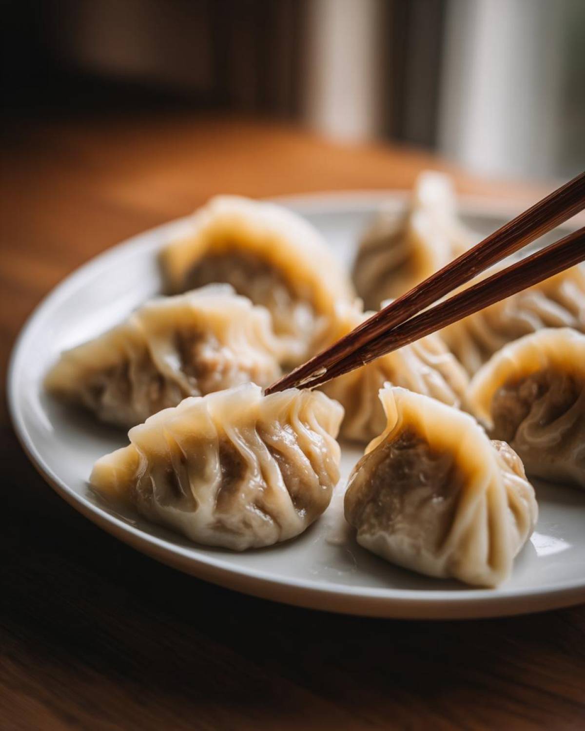 Close-up of freshly steamed Traditional Chinese Dumplings on a white plate, held by wooden chopsticks.