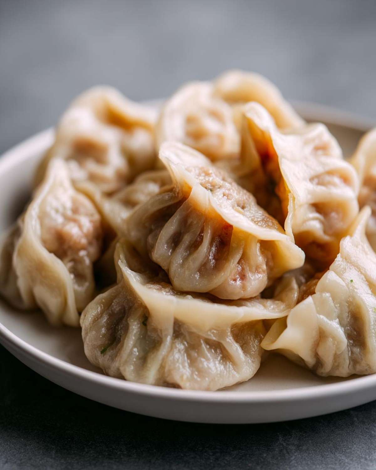 Close-up of freshly steamed Traditional Chinese Dumplings piled on a white plate.