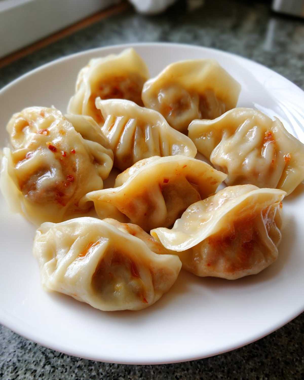 A close-up of several steamed Traditional Chinese Dumplings arranged on a white plate, lightly drizzled with chili oil.