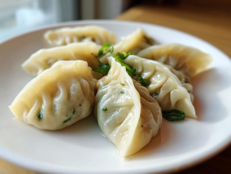 Close-up of several steamed Traditional Chinese Dumplings arranged on a white plate, garnished with sliced green onions.