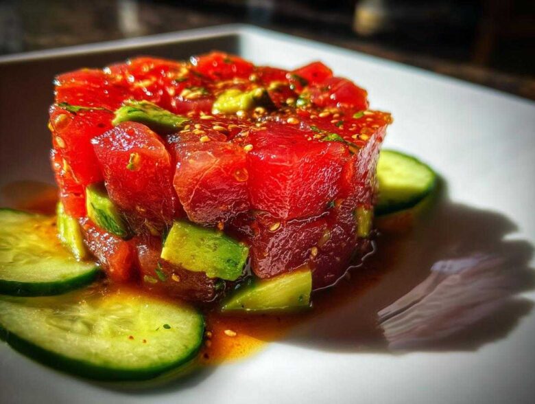 A vibrant, close-up shot of molded tuna tartare mixed with avocado chunks, garnished with sesame seeds and surrounded by cucumber slices.