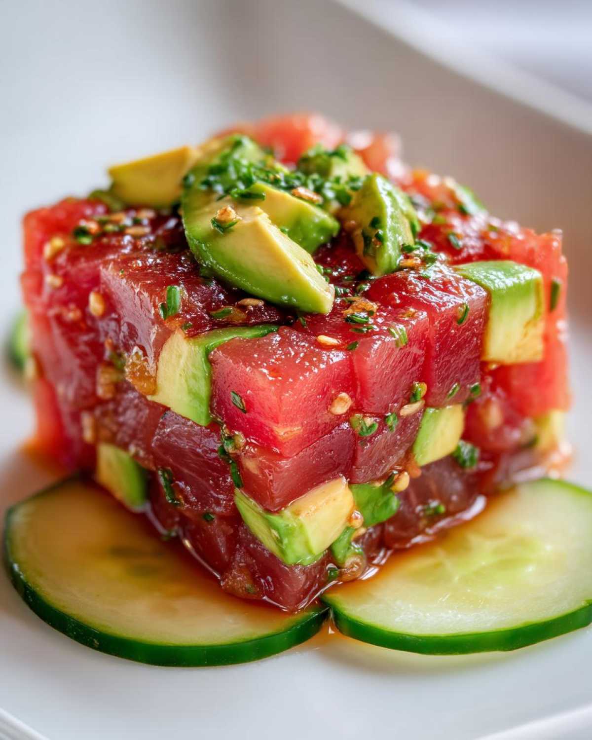 Close-up of perfectly cubed tuna tartare layered with avocado, topped with chives and sesame seeds.