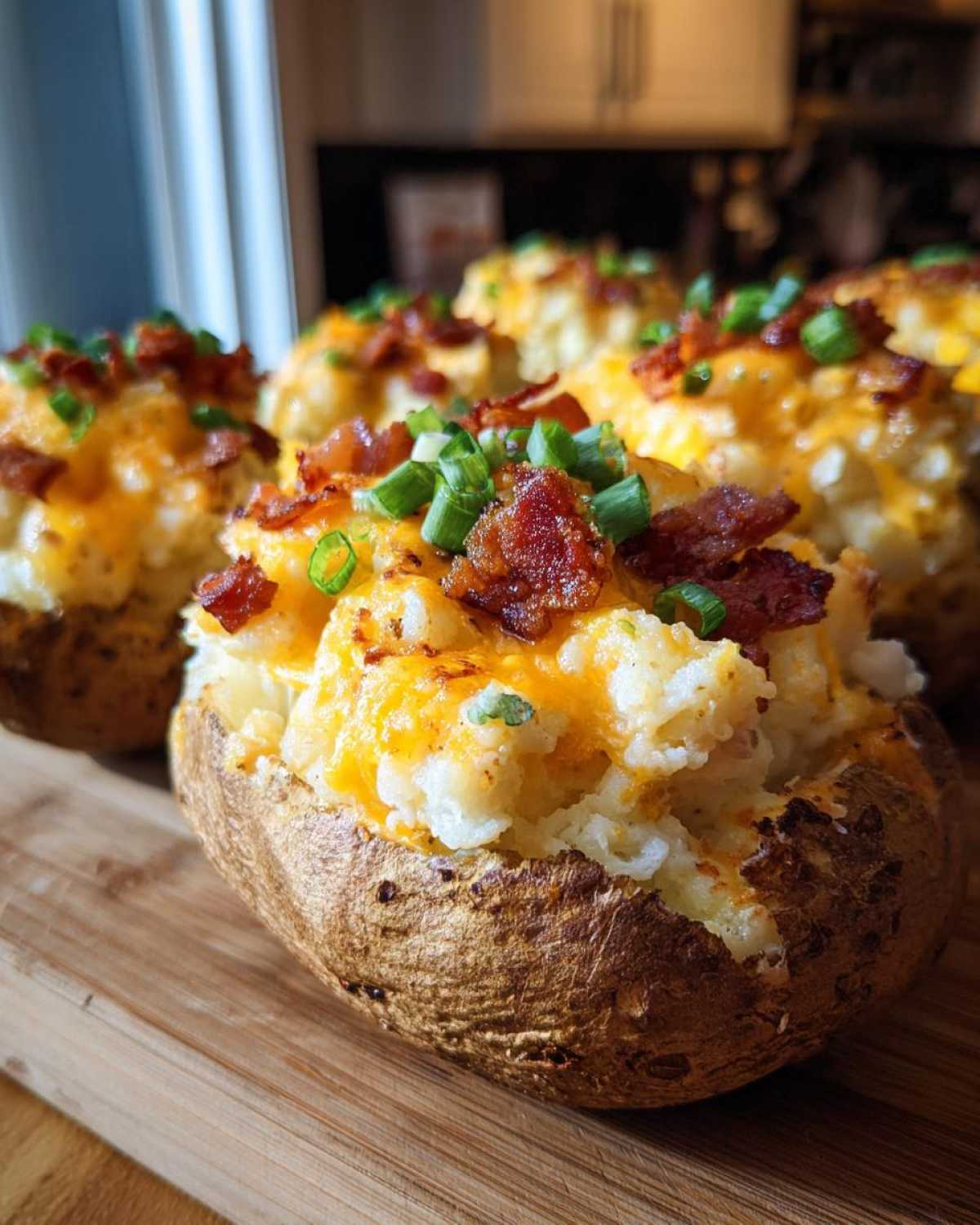 Close-up of a twice baked potato stuffed with mashed filling, topped with melted cheddar, bacon bits, and green onions.