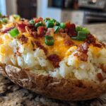 Close-up of a twice baked potato stuffed with creamy filling, topped with melted cheddar, crispy bacon bits, and green onions.