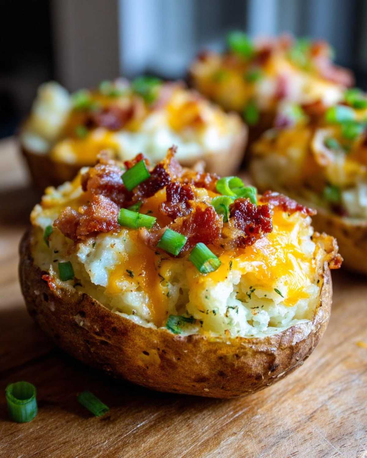 Close-up of a perfectly stuffed twice baked potato loaded with melted cheddar cheese, crispy bacon bits, and green onions.