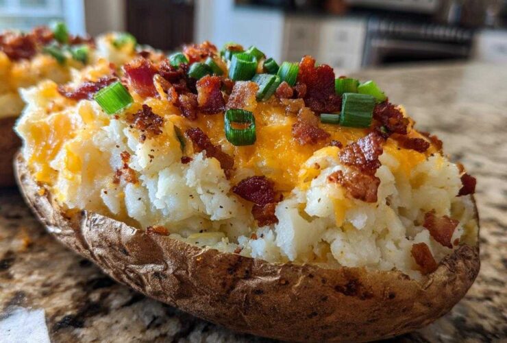 Close-up of a twice baked potato stuffed with creamy filling, topped with melted cheddar, crispy bacon bits, and green onions.
