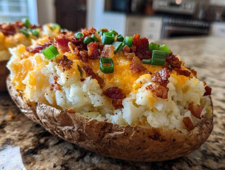 Close-up of a twice baked potato stuffed with creamy filling, topped with melted cheddar, crispy bacon bits, and green onions.