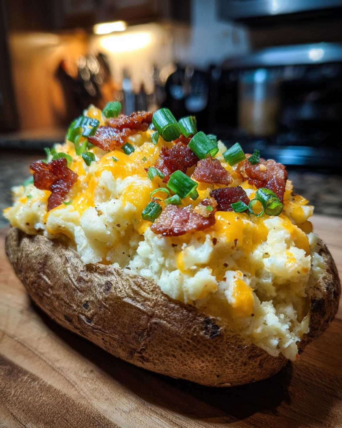 A close-up of a perfectly stuffed twice baked potato loaded with mashed potato filling, melted cheddar cheese, bacon bits, and green onions.