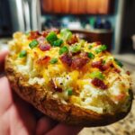 Close-up of a loaded twice baked potato shell held in hand, topped with melted cheddar, bacon bits, and green onions.