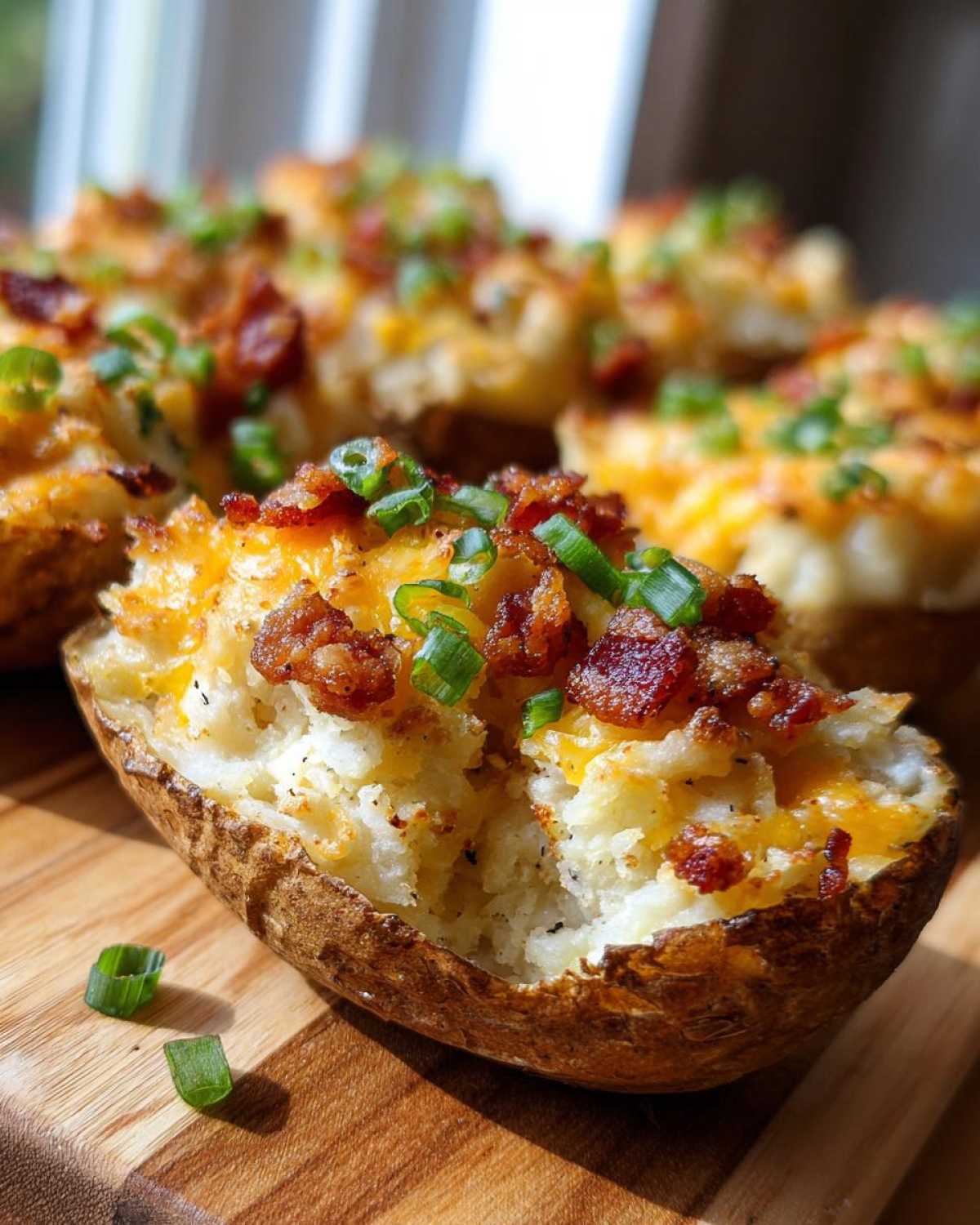 Close-up of a delicious twice baked potato shell filled with mashed potato, melted cheddar cheese, bacon bits, and green onions.