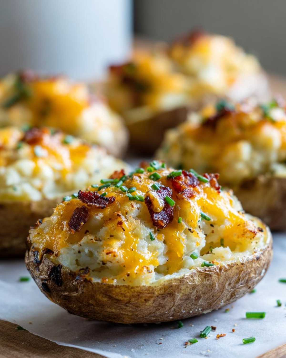 A close-up of a perfectly prepared twice-baked potato, loaded with mashed potato filling, melted cheddar cheese, bacon bits, and chives.