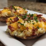 Two delicious twice-baked potatoes loaded with melted cheddar cheese, bacon bits, and fresh chives.