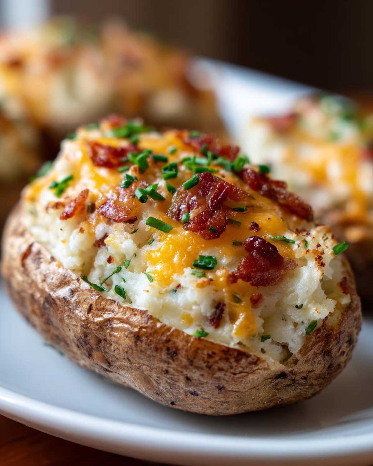Close-up of a perfectly prepared twice-baked potato stuffed with creamy filling, topped with melted cheddar cheese, bacon bits, and chives.
