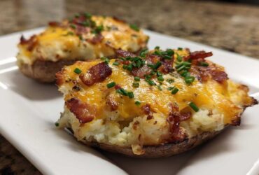 Two delicious twice-baked potatoes loaded with melted cheddar cheese, bacon bits, and fresh chives.