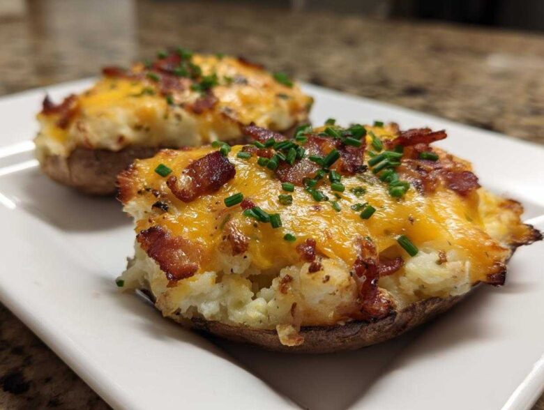 Two delicious twice-baked potatoes loaded with melted cheddar cheese, bacon bits, and fresh chives.