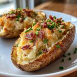 A close-up of a perfectly baked twice baked potatoes, stuffed with creamy filling, topped with crispy bacon bits and fresh chives.
