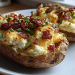 Two delicious twice baked potatoes stuffed with creamy filling, melted cheese, bacon bits, and fresh chives on a white plate.