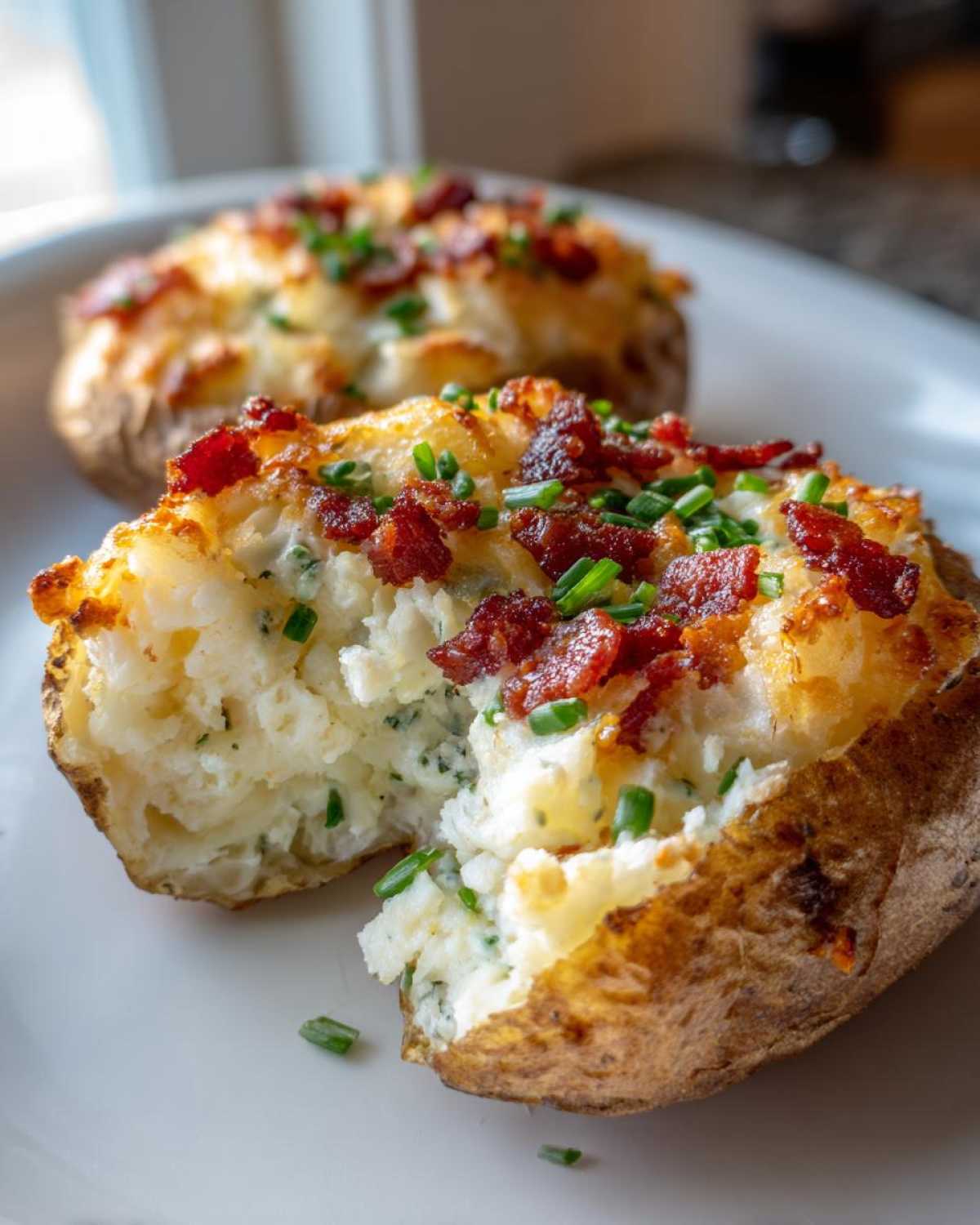 A close-up of a twice baked potatoes, split open to show creamy filling, topped with crispy bacon bits and fresh chives.
