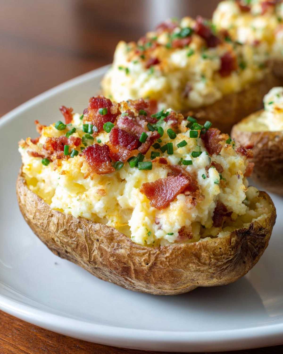 A close-up of a perfectly prepared twice baked potato, stuffed with creamy filling, topped with crispy bacon bits and fresh chives.