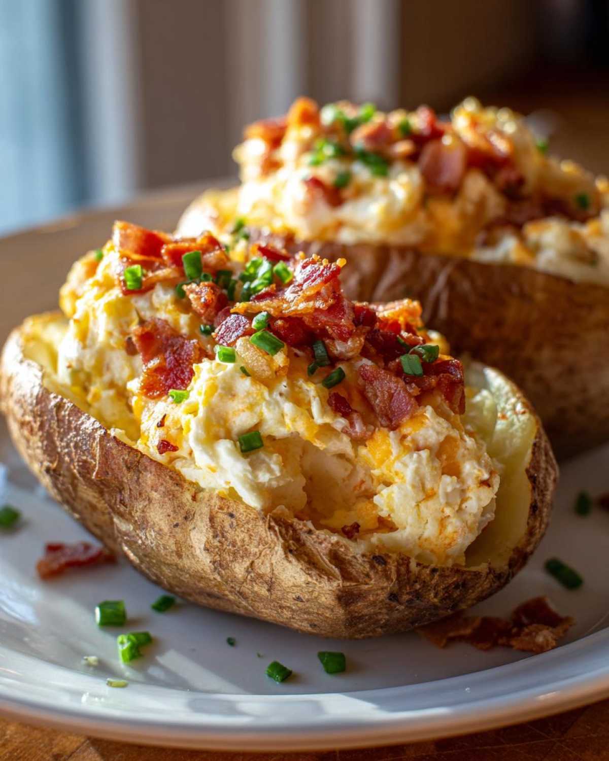 A close-up of a delicious twice baked potatoes stuffed with creamy filling, topped with crispy bacon bits and fresh chives.