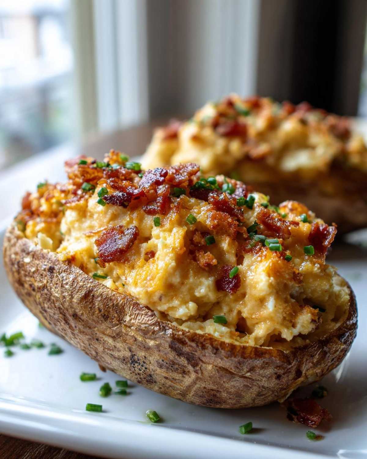 A close-up of a perfectly prepared twice baked potato, generously filled and topped with crispy bacon bits and fresh chives.
