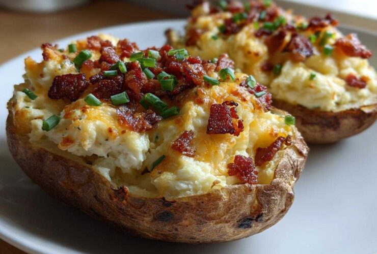 Two delicious twice baked potatoes stuffed with creamy filling, melted cheese, bacon bits, and fresh chives on a white plate.