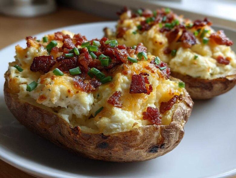 Two delicious twice baked potatoes stuffed with creamy filling, melted cheese, bacon bits, and fresh chives on a white plate.