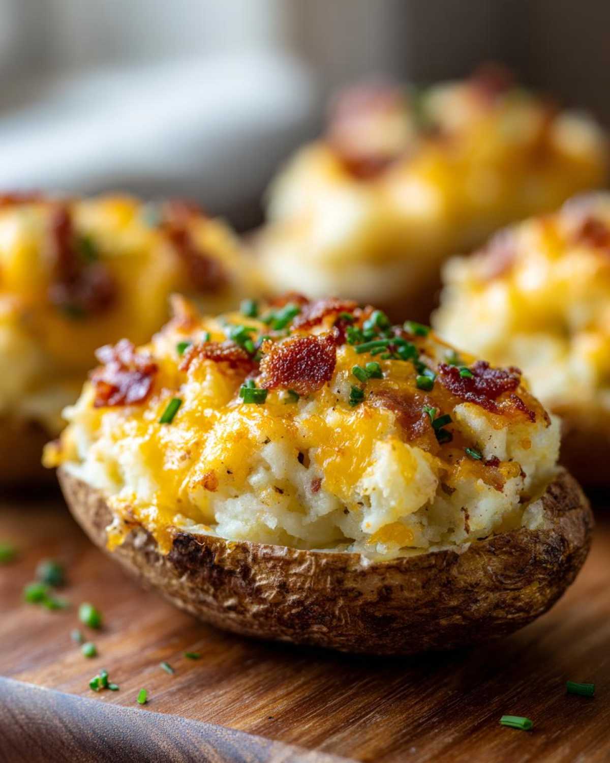 Close-up of a delicious twice-baked potatoes stuffed with creamy filling, topped with melted cheddar cheese, bacon bits, and chives.