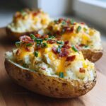 Close-up of a perfectly prepared twice-baked potato stuffed with mashed potato, topped with melted cheddar cheese, bacon bits, and chives.