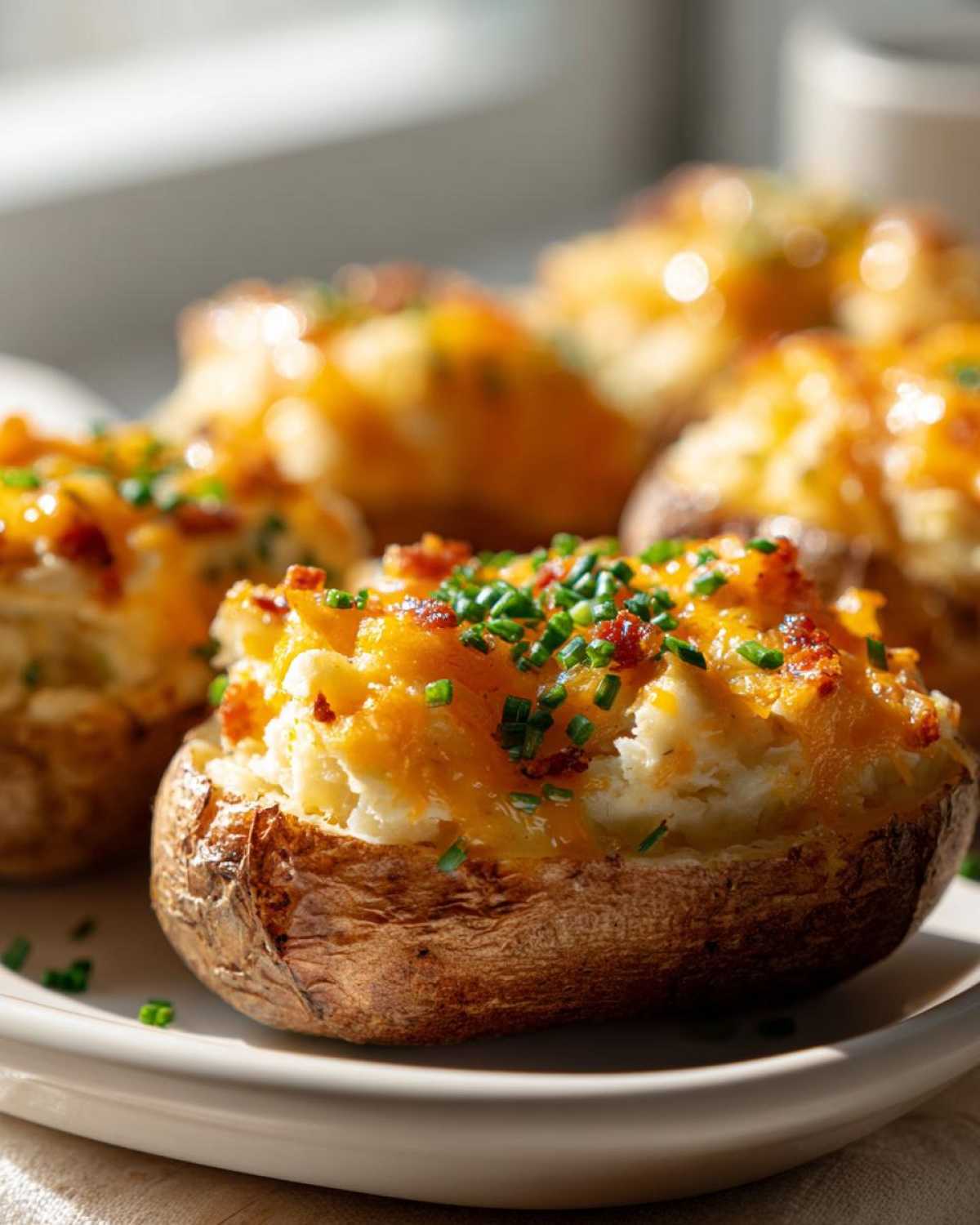 Close-up of a delicious twice-baked potato stuffed with creamy filling, melted cheddar cheese, and fresh chives.