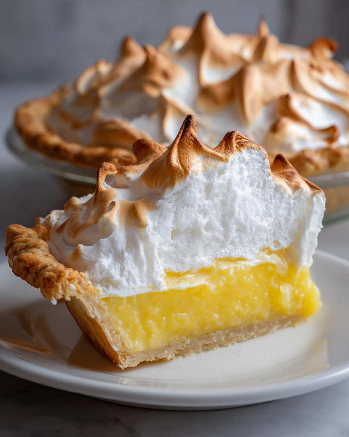 A perfect slice of lemon meringue pie showing thick lemon curd, flaky crust, and tall, toasted meringue peaks.