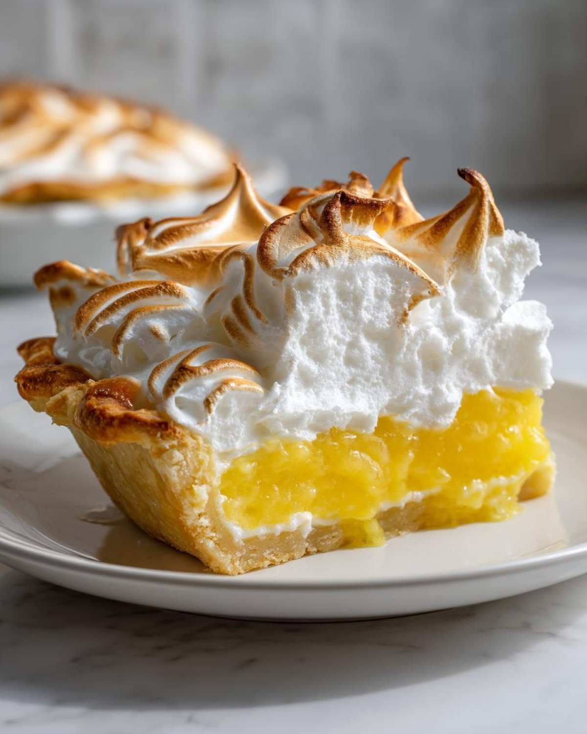 A close-up slice of ultimate lemon meringue pie showing bright yellow curd and tall, toasted meringue peaks.