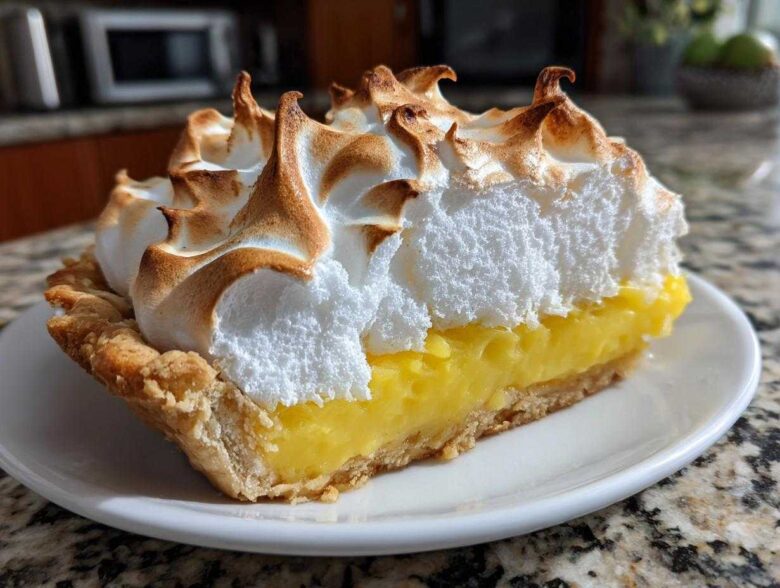 A close-up of a thick slice of lemon meringue pie showing bright yellow filling and tall, toasted meringue peaks.